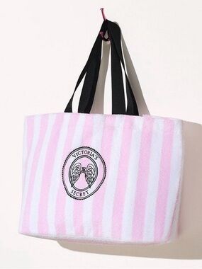 Victoria's Secret Pink & White Striped TERRY Large Tote Bag